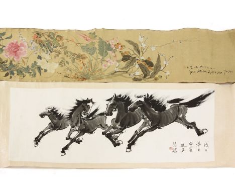 A pair of Chinese scroll paintings, one of horses, the other blossom