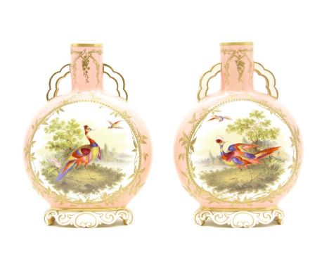 A pair of Royal Worcester Moon flasks, in pink, with exotic bird panels, and flowers opposite, printed and impressed marks, 2