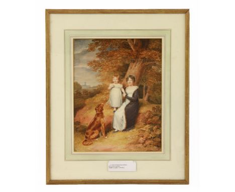 English School PORTRAIT OF A MOTHER AND CHILD with a doting retriever, 39.5 x 30.5cm