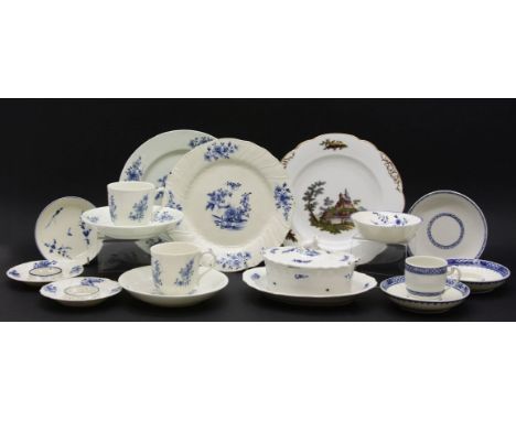 Continental blue and white porcelain, including two saucers (possibly Chantilly), Dresden wares, and a polychrome decorated d