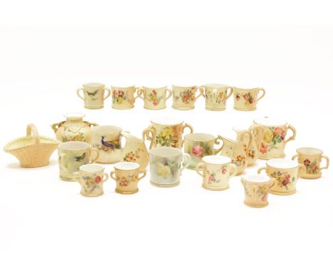 Twenty three miniature Royal Worcester jugs, vases and baskets