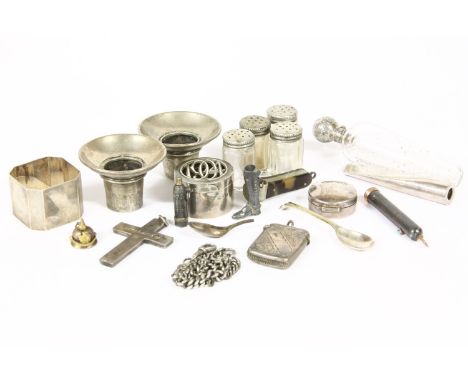 A collection of silver and silver plated curiosities, to include a silver napkin ring, a Victorian silver top glass scent bot