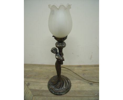 Art Nouveau style lamp in the form of a lady holding a flower on turned marble base (49cm high)