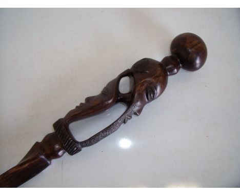 Carved African hard wood stick  (overall length 100cm)