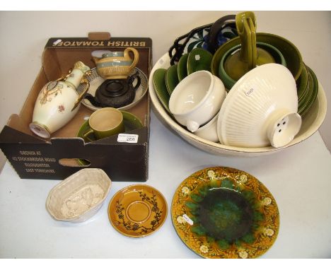 Early 19th C tea pot, another similar, jelly mould, a Linthorpe No 1040 cup & saucer, a Linthorpe plate No 1896 and a lathe s