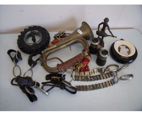 Selection of binoculars, various tack, tractor wheel ashtray, tribal style figures etc  
