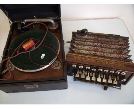 Portable record player and a Victorian J. Gregory Nottingham accordion type squeeze box (2)