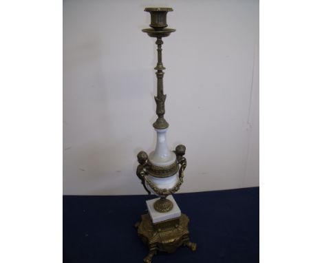 19th/20th C marble and gilt metal candle stick with cherubs on four paw feet (height 60cm) (A/F)