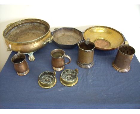 Selection of various copper and brass ware including WWI trench art in the form of shells converted into soldiers peaked caps