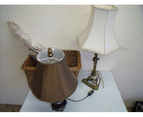 Wicker basket with a elaborate brass table lamp, another lamp etc 