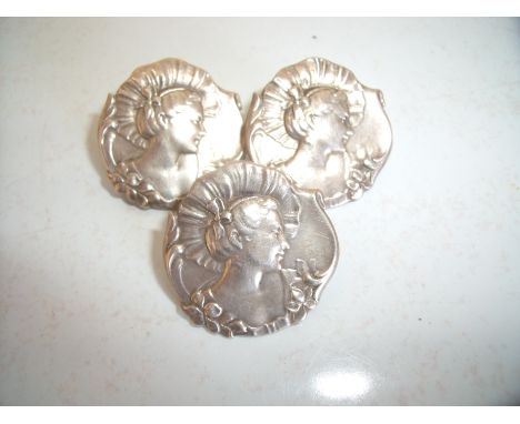 Three silver hallmarked Art Nouveau buttons with head and shoulder portrait of lady 