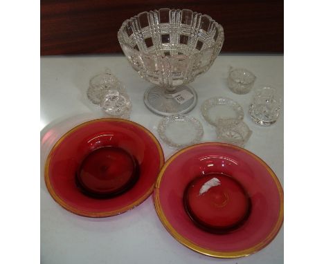 Set of four early 20th C cut glass butter dishes in the form of churns with cut glass saucers an small cut glass preserve jar