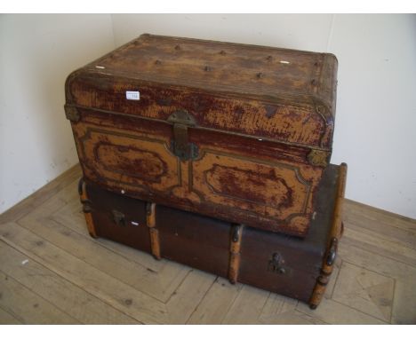 Victorian tin metal travelling trunk and a wooden bound travelling trunk (2)