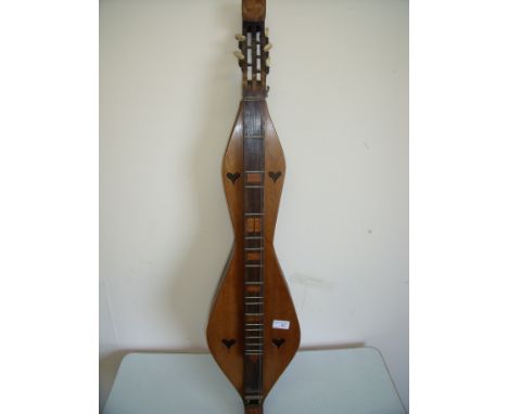 Unusual handmade hour glass shaped five string love instrument with inlaid detail, pierced heart shape and inset letter B (ov