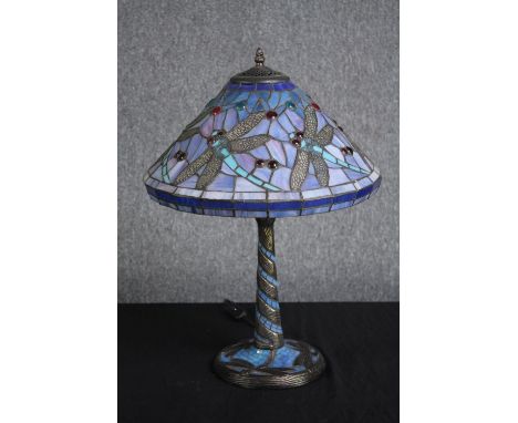 A large Tiffany style desk lamp with leaded glass shade and base. Decorated with dragonflies. H.55. Dia.41.cm. 