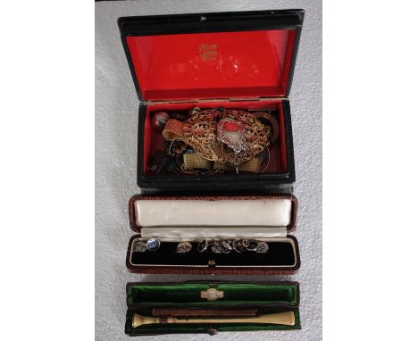 A nineteenth century hand painted box containing jewellery. With two others containing a pipe and cufflinks. The landscaped p