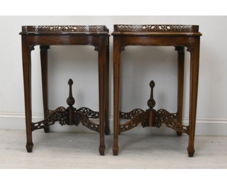 Lamp tables or occasional tables, a pair, Chippendale style mahogany. H.75 W.48 D.48 (In need of repair as shown). 