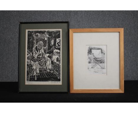 A lino cut signed Christine M. Ford and another titled 'Director's Chair'. H.42 W.30cm. (largest) 