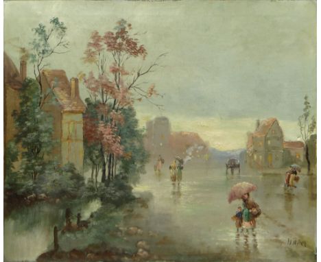 20th Century Oil on Canvas "Springtime Walk in the Rain" Signed Lower Right perhaps H. Miller. Poke Through Off Right Center 
