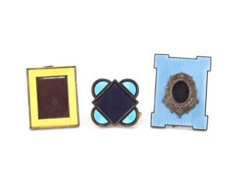 Group of Three (3) Italian Guilloche Enamel and Silver Frames. Signed Italy 925. Good condition. Measures 5-1/4" x 4" and 4-1