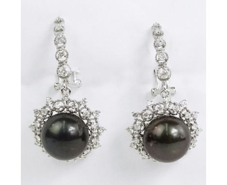 AIG Certified Tahitian Black Pearl, 1.60 Carat Round Brilliant Cut Diamond and 14 Karat White Gold Chandelier Earrings. Pearl