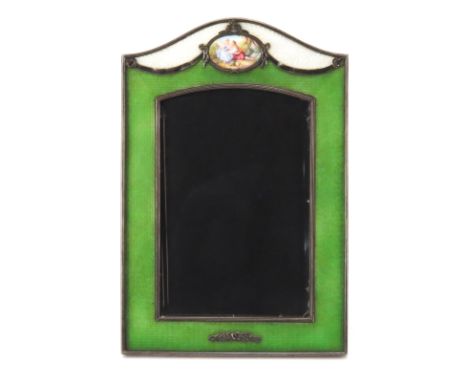 Antique French Guilloche Enamel Frame with Inset Hand Painted Romantic Plaque. Unsigned. Good condition. Measures 9-1/4" x 6-
