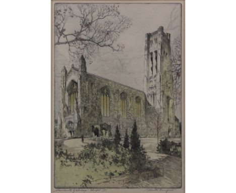 S. Chester Danforth, American (b-1896) Colored Etching "University of Chicago, Chapel" Pencil  Signed and Titled Lower. Good 