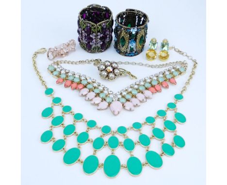 Grouping of Seven (7) Vintage Costume Jewelry. Includes: Graziano gemstone necklace, Graziano pearl and gemstone brooch (2-3/
