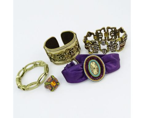 Grouping of Five (5) Heidi Daus Costume Jewelry Pieces. Includes: watch (appears to be working), cuff bracelet, ring, bracele