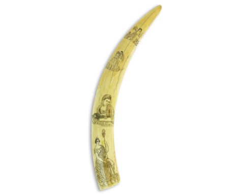 19th Century Scrimshaw Walrus Tusk With Americana Motif. Unsigned. Yellowed and hairline age cracks. Measures 15-1/2". We Wil