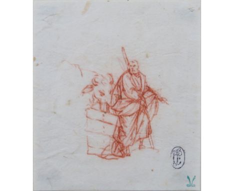 17th Century Old Master Sanguine Drawing On Paper "Saint Luke". Bears 2 collectors marks. Light staining and glue marks or in