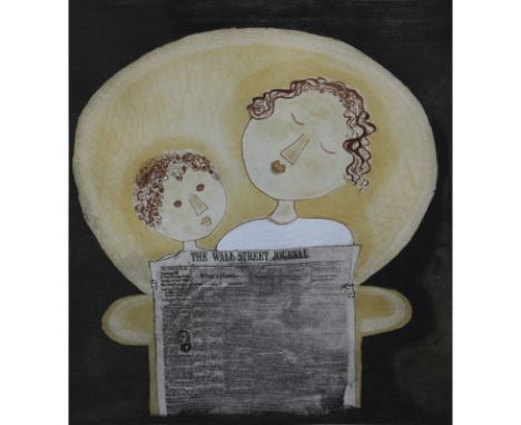 Graciela Rodo Boulanger, Bolivian (b.1935) Color Lithograph "Mother and Child Reading Wall Street Journal". Signed in pencil 