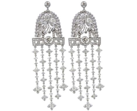 Art Deco Approx. 21.50 Carat Diamond and Platinum Chandelier Earrings. Diamonds F-G color, VS1-SI1 clarity. Unsigned. Very go