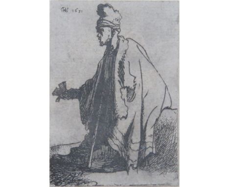 After: Rembrandt van Rijn (DUTCH, 1606-1669) Etching Laid Down On Paper "The Leper/Lazarus Klep" Unsigned. Good condition. Me
