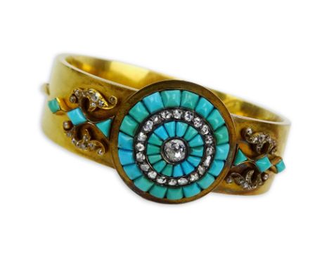 Victorian Rose Cut Diamond, Turquoise and 18 Karat Yellow Gold Hinged Cuff Bangle Bracelet. Unsigned. Good antique condition.
