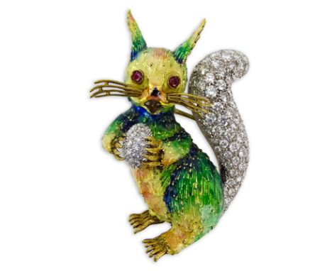 Vintage Italian Approx. 8.0 Carat Round Brilliant Cut Diamond, 18 Karat White Gold, Enameled 18 Karat Yellow Gold Squirrel Br