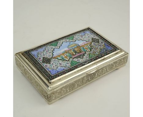 Fine Persian/Iranian 84  Silver and Enamel Box. Decorated with a enameled scene of the Shah's mosque in Isfahan and lace work