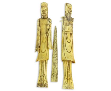 Collection of Two Carved Bone Figures and a Bone Implement/Tool. Unsigned. Losses and age cracks to figures. Measures 12". Sh