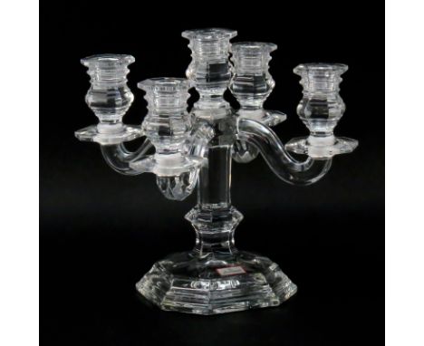 Baccarat Regence Louis XVI Clear Crystal 5-Light Candelabra in Original Box #920511. Has Baccarat label and paperwork. Stampe