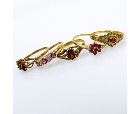 Grouping of Five (5) Victorian 9 Ct Gold Ruby Gemstone Rings. All stamped 375 with makers mark and English hallmarks. Good co