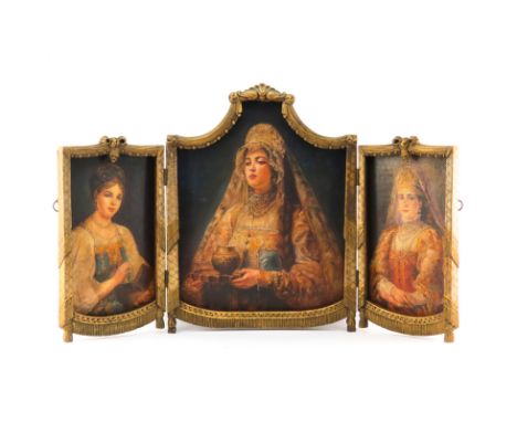 After: Konstantin Egorovich Makovsky, Russian (1839-1915) Oil on Canvas Laid on Board, Portrait Triptych in Carved and Gilt W
