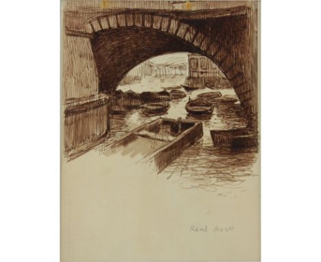 René (Ribet) Berti, Italian (1884-1939) Brown Ink on tan paper "Parisian Canal Scene" Signed in pencil lower right. Light ton