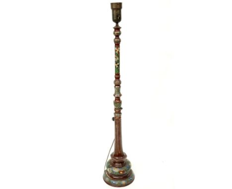 Antique Japanese Champlevé Bronze Floor Lamp. Decorated with champlevé enamel flower work, 8 sided and baluster form stem on 