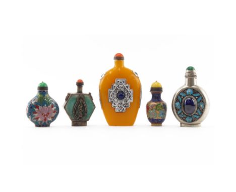 Grouping of Five (5) Vintage Snuff Bottles. Includes: large Tibetan yellow beeswax silver and jeweled snuff bottles (4-1/2" H