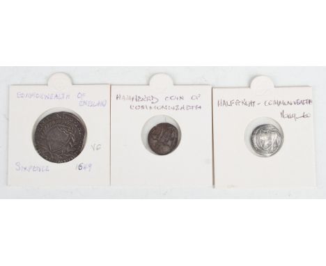 A Commonwealth of England sixpence 1649, mintmark sun, and two Commonwealth half-groats.Buyer’s Premium 29.4% (including VAT 