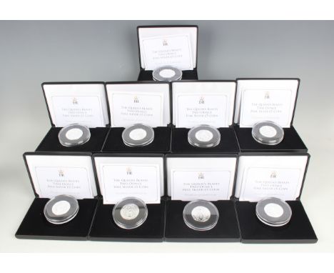 A set of nine Elizabeth II Jubilee Mint two-ounce silver the Queen's Beasts commemorative five pounds coins, all cased with c