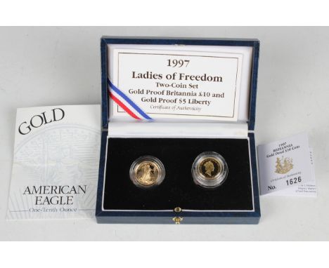 An Elizabeth II Royal Mint Ladies of Freedom gold proof two-coin set, comprising Britannia ten pounds and Liberty five dollar