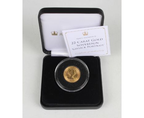 An Elizabeth II Jubilee Mint Gillick Portrait sovereign 1967, cased with certificate.Buyer’s Premium 29.4% (including VAT @ 2