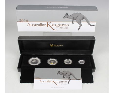 A Perth Mint Australian Kangaroo silver proof four-coin set 2016, cased with paperwork.Buyer’s Premium 29.4% (including VAT @