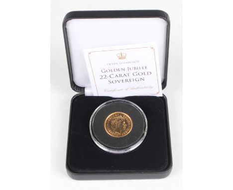 An Elizabeth II Jubilee Mint sovereign 2002, cased with certificate.Buyer’s Premium 29.4% (including VAT @ 20%) of the hammer